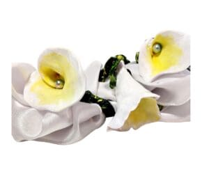 A close up of two flowers with yellow centers
