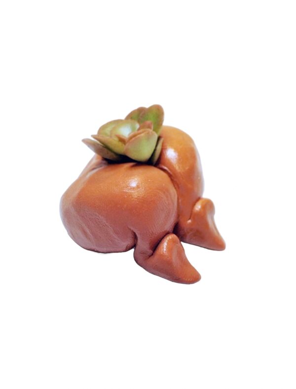 A small orange object with a green leaf on it.