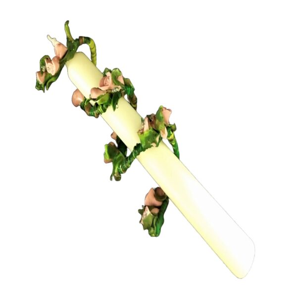 A stalk of asparagus with pink flowers on it.