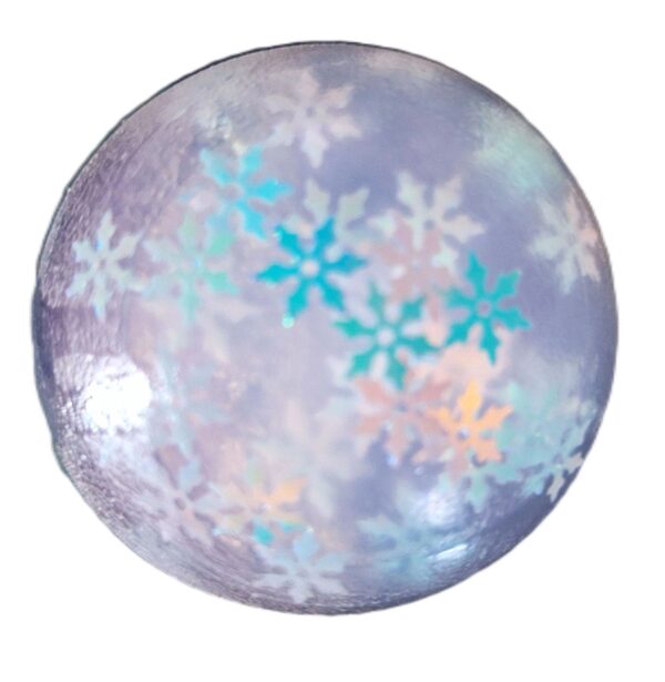 A blue and white ball with snowflakes on it