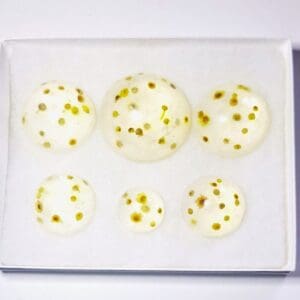 White stones with yellow spots in box.