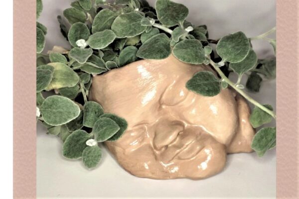 A ceramic face with leaves growing on it.