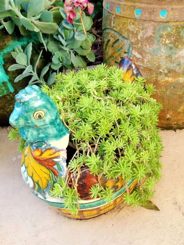 A green plant in a bowl with a bird statue.