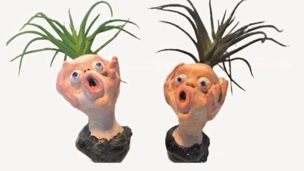 Two ceramic heads with plants growing on them.
