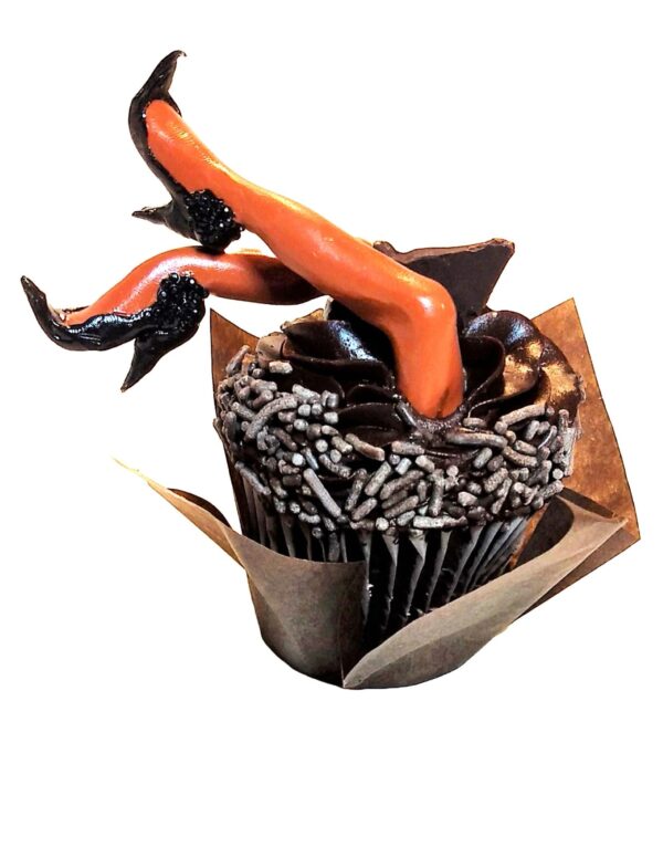A cupcake with chocolate frosting and orange heels.