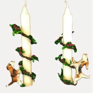 Candles with decorative dog and vine holders.